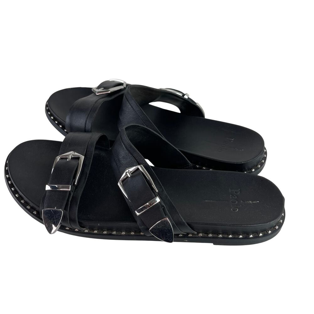 Linea Paolo Black Leather Slip On Sandals Buckle Straps Open Toe Sz EU 41 US 10